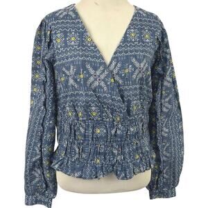 Forever that Girl Anthro Women Wrap Top Long Sleeve Cotton Tribal Blue Small
